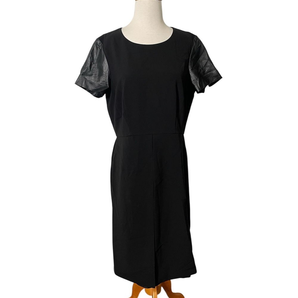 Lafayette 148 Black Midi Dress Leather Sleeves & Front Panel Sz 12
